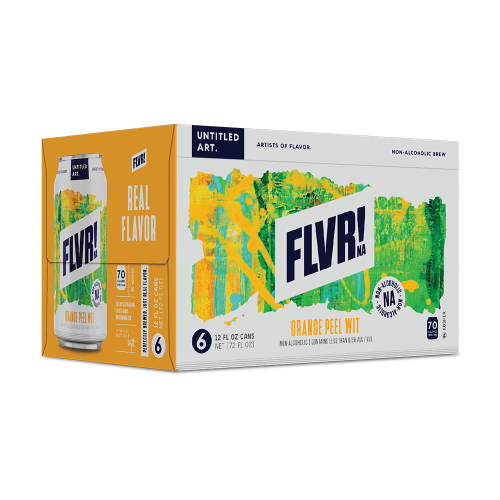 A 6-pack carton of Untitled Art FLVR! NA Orange Peel Wit non-alcoholic beer